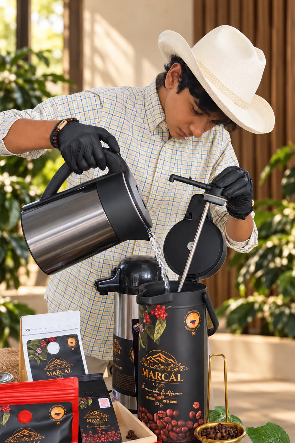 Preparación de café Marcál en un pabellón de cata colombiano