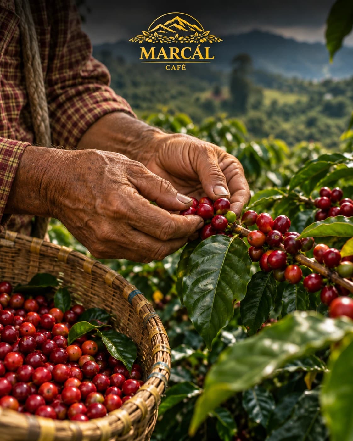 Manos de un caficultor colombiano recolectando cerezas maduras de café, junto a una canasta de cosecha
