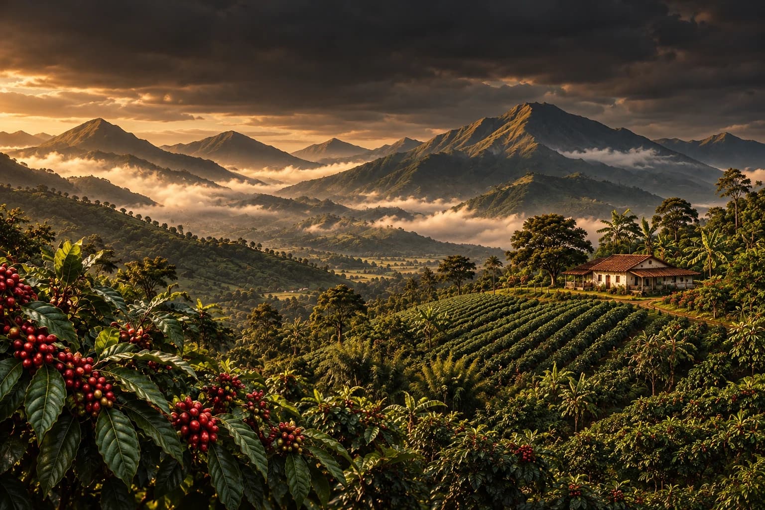 Paisaje de montañas y cafetales colombianos con frutos rojos y una finca tradicional