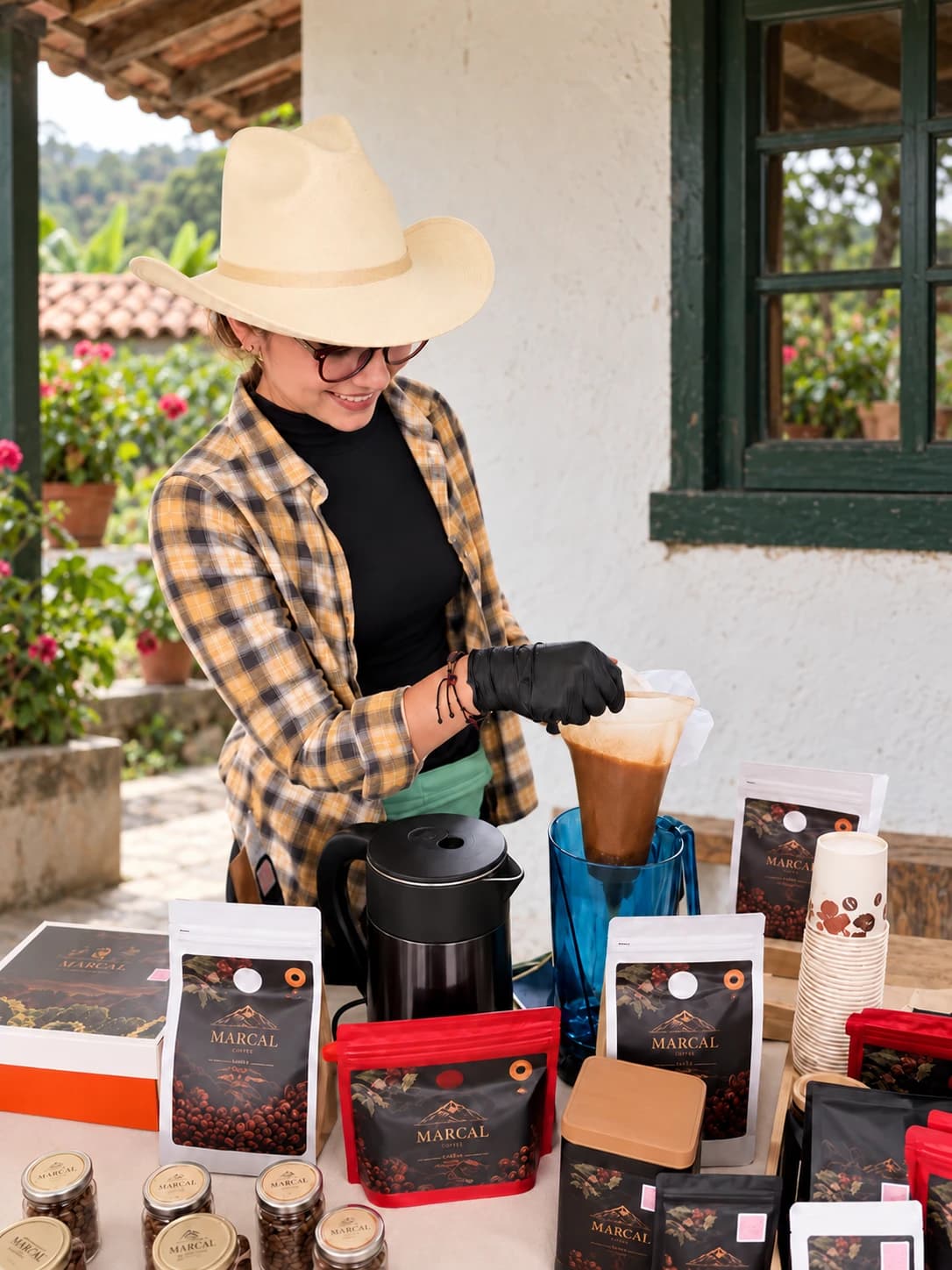 Preparación de café Marcál con filtro de tela en la veranda de una finca cafetera colombiana